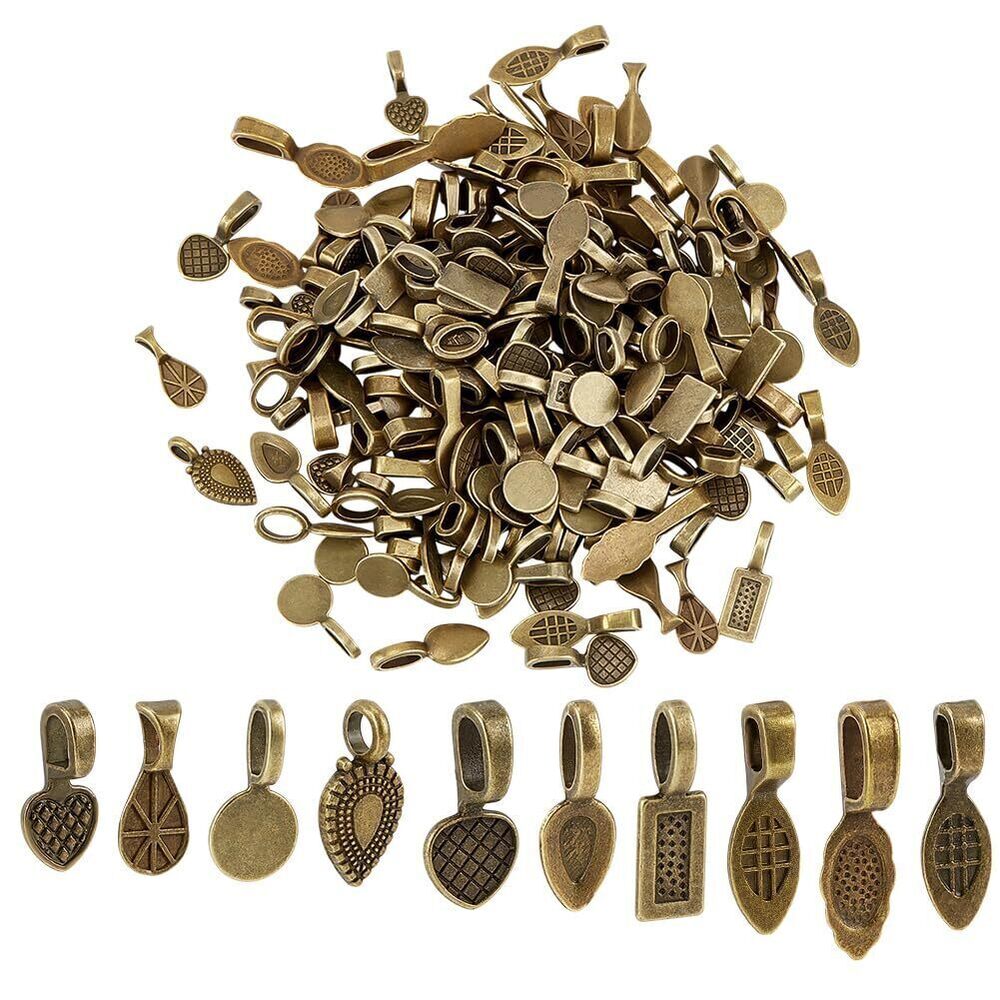 7890 200pcs 10 Styles Glue on Bails Pendants Tibetan Style Flat Pad Bails